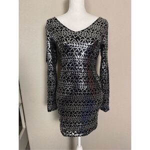 As U Wish Black Silver Sequin Peek a Boo Arm Slit Long Sleeve Party Dress Medium